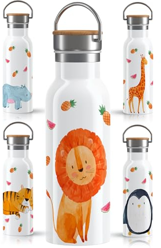 OWLBOOK® Edelstahl Trinkflasche Kinder | Wasserflasche Flasche BPA-frei | 600 ml | Auslaufsicher Spülmaschinenfest | Schule | Schulanfang Geschenke zur Einschulung Mädchen Jungen | Löwe