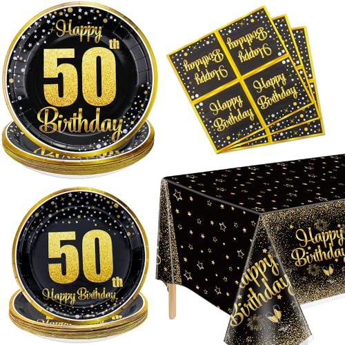 50th Birthday Decorations for Women and Men - 61Pcs Plates Napkins 50th Tablecloth Black and Gold Party Decorations Serve 20
