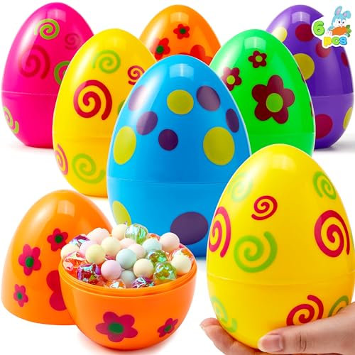 JOYIN 6 Stück riesige Bedruckte Ostereier, 6-Zoll-Plastikeier in bunten Farben, befüllbare Leere Überraschungseier für das Ostereiersuchspiel, Eierspielzeug für Kleinkinder, Korbfüller Füllmaterial