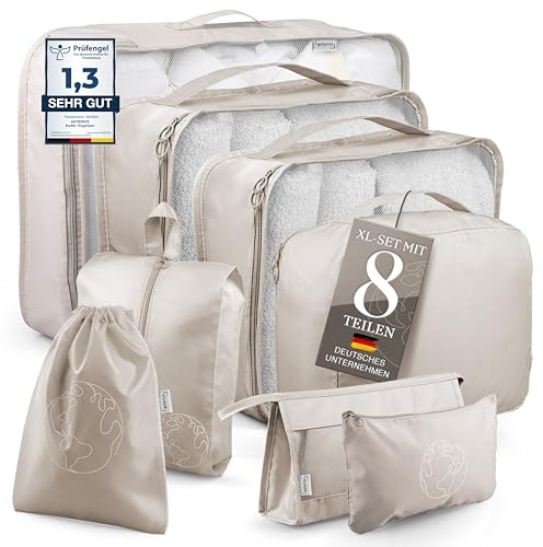 Koffer Organizer (8 Teiliges Set) Deluxe Edition extra leicht - Packing Cubes vielseitig einsetzbar für Koffer, Rucksack, Packwürfel, Reise Gadgets