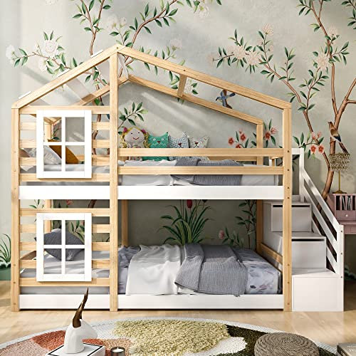 Lit Cabane Enfants 90x200 - Lit Superposé Double avec Tiroir, Protection Anti-Chute et Mezzanine - Style Arbre Naturel et Blanc