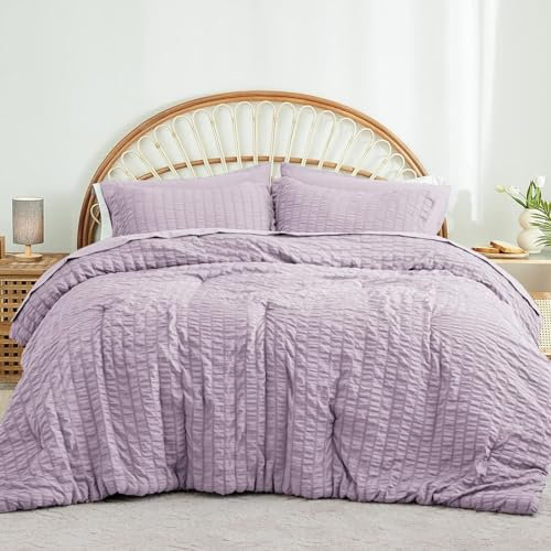 Freyamy Seersucker Housse de Couette 220x240cm+2 Taie d'oreiller 65x65cm Gaufré Rayé Structuré Violet Parure de lit 2 Personnes Adulte Sets de Housse Couette en 100% Microfibre avec Fermeture Éclair