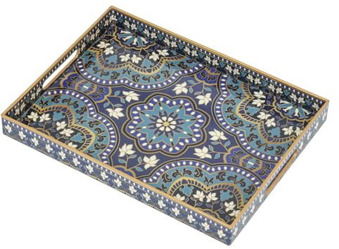 Serving Tray, Boho Plastic Food Trays for Eating on Lap Decorative Coffee Tray with Handles Rectangular Non-slip Candle Plate, 40x30x4 cm Large Drinks Platter for Kitchen/Living Room/Bedroom/Party