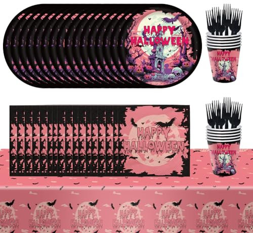 Halloween Table Ware, Halloween Party Tableware Set, Halloween Party Supplies Including Halloween Paper Plates Cups Napkins Tablecloths and More, Halloween Spooky Party Decoration Supplies 16 Guests