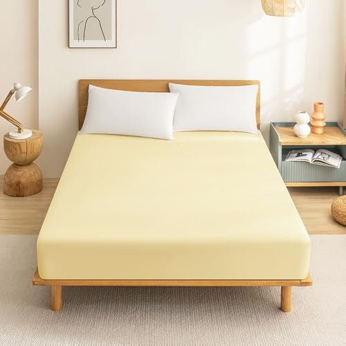 Surwin Sábana Bajera Ajustable Color Sólido, Microfibra Suave Transpirable Sabanas, Elástico en el Borde Bolsillo Profundo 25cm para Grueso Colchón (150x190x25cm,Amarillo Claro)