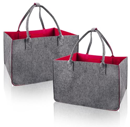 Raxfekro 2 Stück Filztasche Einkaufstasche, Filz Einkaufstasche Groß Faltbar, Filz Shopping Bag, Große Multifunktionale Filztasche für Einkaufen, Ausgehen, Aufbewahrung (Rosa)