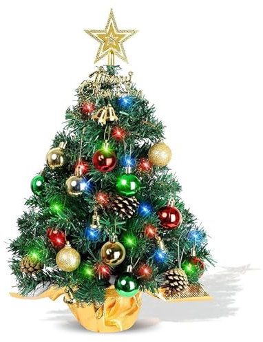 XIXIMENG 2ft Mini Pre Lit Christmas Trees, 60cm Artificial Tabletop Green Christmas Tree with Light, Berry Pine Cone Ornaments Led String Light for DIY Small Indoor Home Desk Table Xmas Decoration