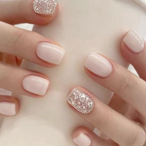 24 Stück Press on Nails Kurz, Weiß künstliche Nägel zum aufkleben - Fake Nails mit Nail Glue - Short Square Nägel zum Aufkleben für Frauen & Mädchen (White & Shimmer)