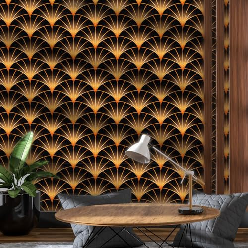 ICYEHAO Papel Pintado Pared Geométrico Dorado y Negro,44 x 300cm Papel Tapiz de Rayas Moderno en Negro y Dorado para Muebles Paredes en Baño, Sala de Estar,Dormitorio, y Muebles