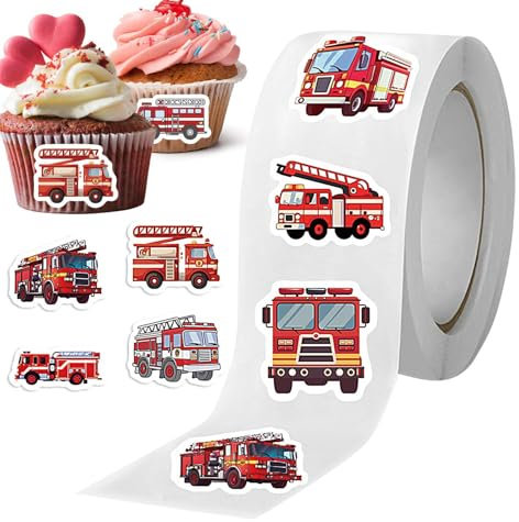 Aufkleber für Kinder, Feuerwehrauto Aufkleber - 500 x Rollen Feuerwehrauto Aufkleber, wasserdicht, Dekoration für Kindergeburtstagsparty, Cartoon, Etiketten
