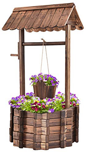 FANTASK Holz Wunschbrunnen mit Dach & hängendem Eimer, Blumenkübel Dekobrunnen Blumentopf aus Natürliche Kiefer, Garten Dekoration Outdoor 56x56x114cm, Natur