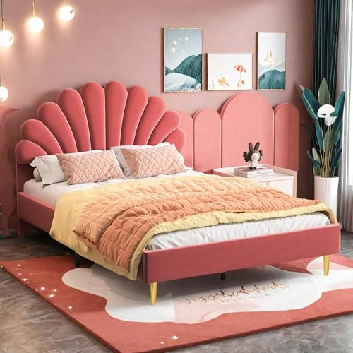 SHAODENG Polsterbett 140 x 200 cm, Samtbett mit Verstellbarem Kopfteil, Bettgestell mit Floralem Bettkopfteil und Lattenrost, Mädchenbett, Doppelbett in Hautfreundlichem Samt, Ohne Matratze Rotes