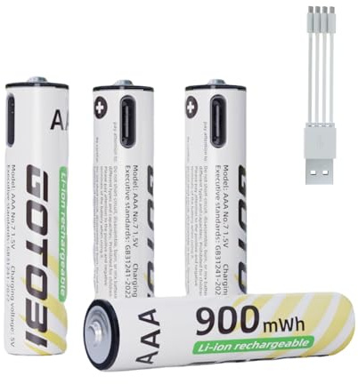 GOTOBI Batterie ricaricabili al litio AAA con cavo di ricarica USB-C 4 in 1, 1,5 V 900 mWh ricaricabili al litio AAA batterie 4 confezioni in una custodia