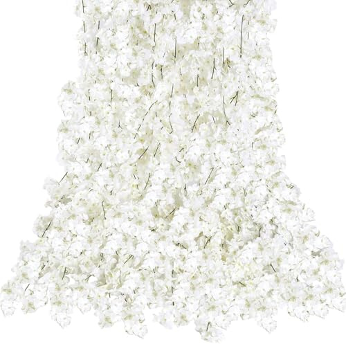 Sggvecsy Cherry Blossom Garland Artificial Cherry Flower Vines 8 Pack Hanging Silk Flowers Garland for Home Wedding Garden Party Arch Office Decor (White)