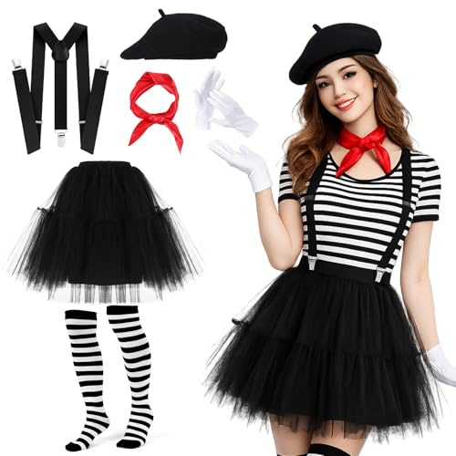 Hestya 6 Pezzi Costume da Mimo di Carnevale per Donna Gonna Tutù Nera Berretto Bretelle Calzini a Righe Fino al Ginocchio Sciarpa Rossa Guanti Bianchi per Cosplay Carnevale Costumi di Martedì Grasso