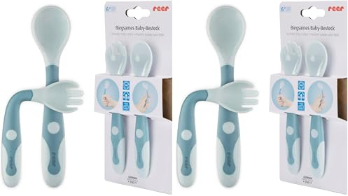 reer Biegsames Baby- und Kinder-Besteckset, 2-teiliges Lernbesteck, Löffel und Gabel, Erstausstattung, Blau (Packung mit 2)