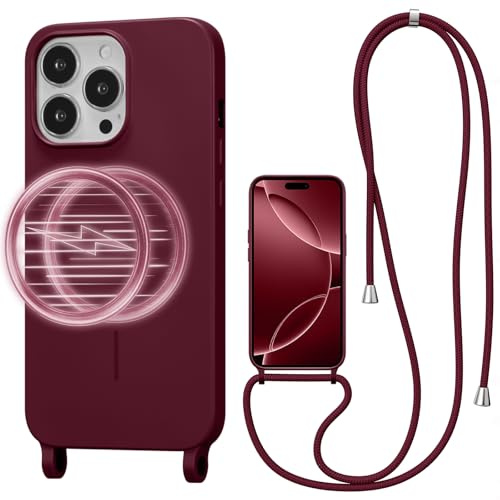 UCASONG Magnetic Case for iPhone 15 Pro Max with Lanyard, Wine Red | Compatible with MagSafe, Crossbody Liquid Silicone Case, Soft Shockproof Protective Cover, with Adjustable Neck Cord Strap