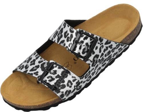 Palado Pantoletten Damen Korfu Leo - elegante Sandalen Made in Spain - Hausschuhe mit Kork-Fußbett - bequeme Sommerschuhe