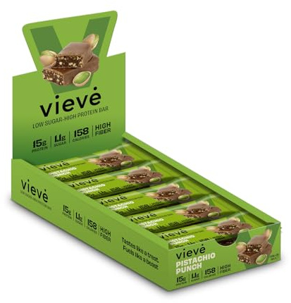 Vieve Protein Bars - Pistachio Punch Flavour - High Protein 15g - High Fibre, 1.1g Sugar, Gluten Free Snacks for Snacking & Post-Workout Nutrition - Real Pistachio & Nut Pieces - 12-Pack Box