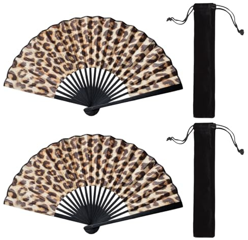 YREYBN Rave Fan, Hand Fan Folding for Dance Events and Summer Parties, Compact Folding Fan with Storage Pouch, Portable for Personal Cooling, 2 Piece Leopard Print Set