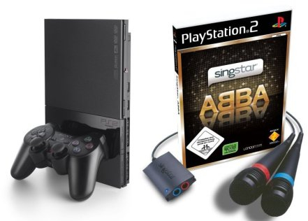 PlayStation 2 - PS2 Konsole, black inkl. SingStar ABBA + Mikrofone