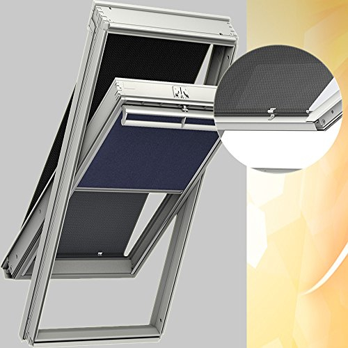Original VELUX Vorteils-Set ( Verdunkelungs-Rollo + Hitzeschutz-Markise ) DOP PK06 1100S Für // GGL, GTL, GPL, GHL, GGU, GTU, GPU, GHU PK06 // in Stofffarbe 1100 / Uni Dunkelblau - Markise in Schwarz // Seitenschienen in Silber _15213