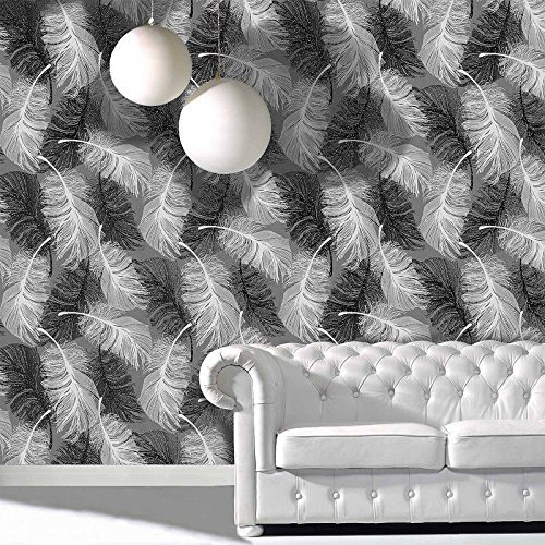 CWV Wallcoverings Feather Wallpaper Glitter Effect Textured Monochrome Grey Black White