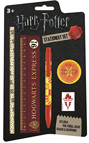 Harry Potter 5-teiliges Schreibwarenset (Hogwarts Souvenirs Design) Kugelschreiber, Bleistift, Lineal, Anspitzer und Radiergummi - Offizielles Lizenzprodukt
