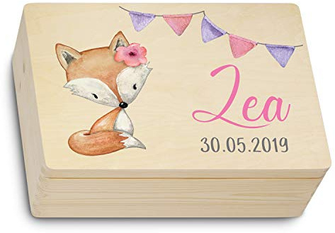 kultdog Premium Erinnerungsbox Baby personalisiert Holzkiste Geschenk zur Geburt Holzbox Truhe Erinnerungskiste individualisiert farbiger Druck Mädchen bedruckbar Geburtsdaten Name