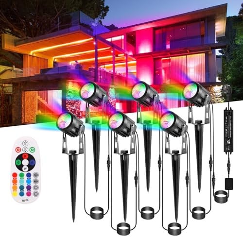 B-right Garden Spike Lights, RGB Garden Lights Mains Powered with Remote 12V Low Voltage Lanscape Spotlights IP65 Waterproof Outdoor Spotlight for Tree Lawn Fence Shrubs, 6 Pack