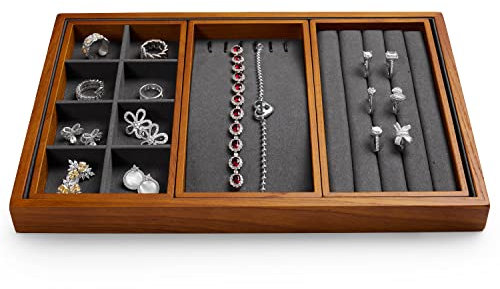 Oirlv Stapelbare Holz Schmucktablett 4 in 1,für Schmuck Ring Ohrringe Armband Halskette Organizerblett(Grau)