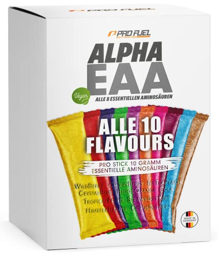 EAA Probierpaket 20x14g EAA Pulver, 10 unglaublich leckere Geschmacksrichtungen in einem Mix-Pack, EAA Drink Pulver Proben als Probierset, alle 8 essentielle Aminosäuren als Amino Workout Drink, vegan