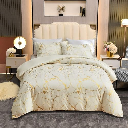 Bettwäsche 220x240 Beige Creme Gold Aesthetic Marmor Microfaser Bettwäsche Set Modern Muster Luxus Wende Bettwäsche-Sets mit Metallic-Glitzermuster Bettbezug und Kissenbezüge 80x80 mit Reißverschluss