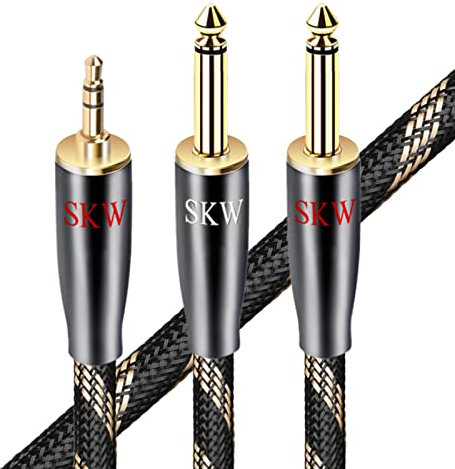 SKW Cable Audio 3.5mm a Doble 6.35mm Mono, Cobre monocristalino Cable Audio Jack 3.5 a Dual 6.3 Compatible con Amplificador, Guitarra Eléctrica, Mesa de Mezclas, Altavoces, PC, Móvil(5M,Black Gold)