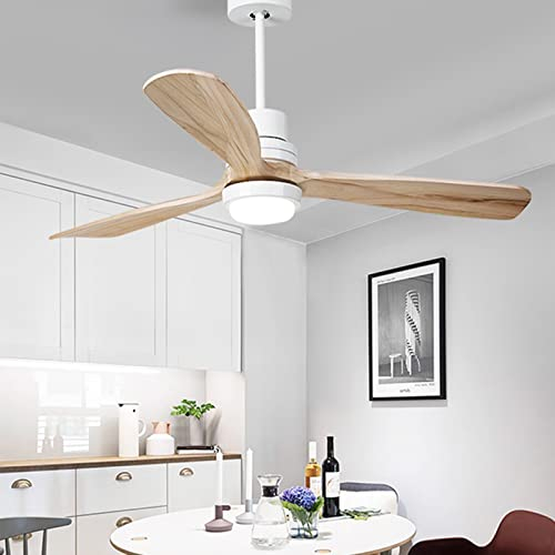 Holz Deckenventilator mit LED Beleuchtung 3 Farbe Pendelleuchte, Energiespar Frequenzumwandlung-Umkehrmotor Geräuschloser DC Motor 6 Geschwindigkeiten , geeignet für Sommer & Winter (42 Zoll , Weiß)