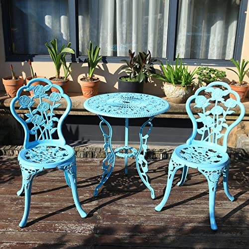 KAI LI Gartenmöbel Bistro-Set mit Rosenmuster 1 Tisch 2 Stühle für Garten Terrasse Veranda (Rose-Hellblau)