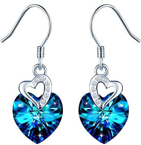 INFINIONLY Pendientes de corazón de cristal para mujer y niña, Pendientes de plata 925, Pendientes de cristal azul, Decorado con mini corazón, Circón con incrustaciones