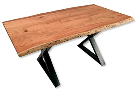 DARO DEKO Akazien Holz Esstisch naturfarben 160cm Metall X-Gestell schwarz Baumkante massiv Esszimmertisch