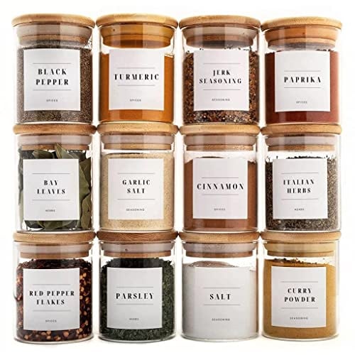 Livabl Glass Spice Jars with Lids and Labels – 12 Bamboo Lid Spice Containers - 200ml Airtight Jars with 360 White UK Designed Waterproof Pre-Printed Labels - Complete Herb, Seasoning & Spices Storage