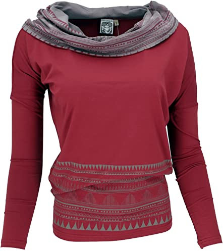 GURU SHOP Lockeres Longshirt aus Bio-Baumwolle, Boho Shirt Schalkapuze - Rot/grau, Damen, Size:L