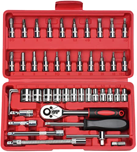 profiwoab 46 PCS 1/4 Inch Ratchet Socket Wrench Set,Mechanic Tool Kit with Extension Bar,Cr-V Bit Sockets,with 4-14mm Drive Ratchet with Storage Case for Home,Car Repair,DIY
