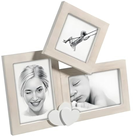 Mascagni Casa Cadre pele mele 1 photo 10x10 et 2 photos 10x15 en bois avec décors coeurs à poser, naturel