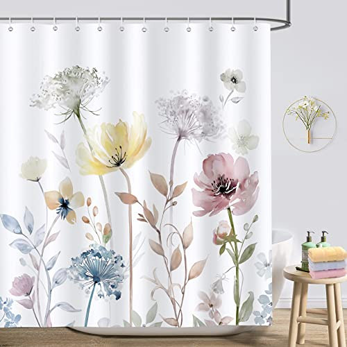 Bonhause Tenda Doccia Fiori ad Acquerello Rosa Giallo Pianta Tende per Doccia in Poliestere Impermeabile Antimuffa Lavabile Tende Bagno 180 x 180 cm con 12 Ganci