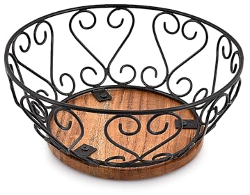 EDHAS Iron Fruit Bowl with Wooden Base for Kitchen Countertop & Dining Room and Pantries (22.86cm x 22.86cm x 10.16cm)