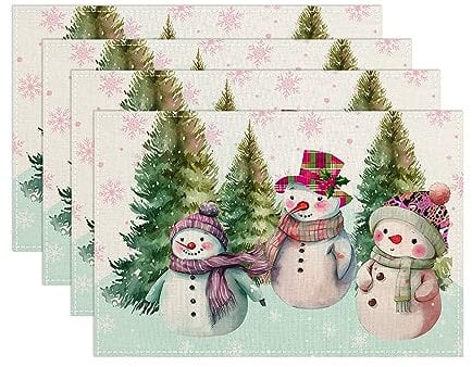 Juego de 4 Manteles Individuales de Navidad - Muñeco de Nieve, Decoración de Vacaciones, Lavables para Cocina, 30 x 45 cm