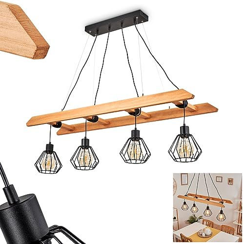 HOFSTEIN Pendelleuchte Jubileo, moderne Hängelampe aus Metall/Holz in Schwarz/Natur, Leuchte im Boho-Design mit Schirmen in Gitter-Optik und Holzleiter, 4-flammig, Höhe max. 220 cm, 4 x E27
