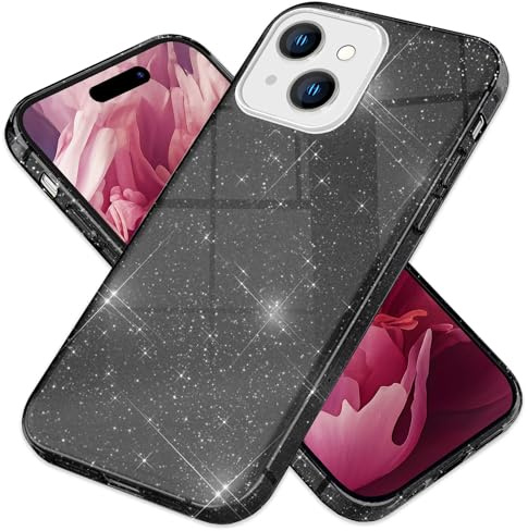 NALIA Glitzerhülle für iPhone 15 - Grip - Hülle, Schwarz | Partikel fest im Material eingeschlossen, 3-Schicht-Schutzaufbau mit Hardcase-Kern, Erhöhter Kamerarand, SHINEPOP