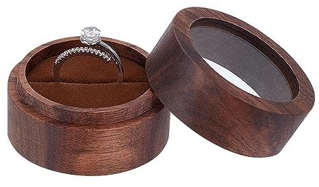 FINGERINSPIRE Runde Holz Ringbox Mit Klarem Fenster Und Braunem Samt 4.9x3.5 cm Kokosnussbraune Schmuck Ringbox 1 Schlitze Ring Geschenkbox Für Heiratsantrag Verlobung Hochzeit Valentinstag