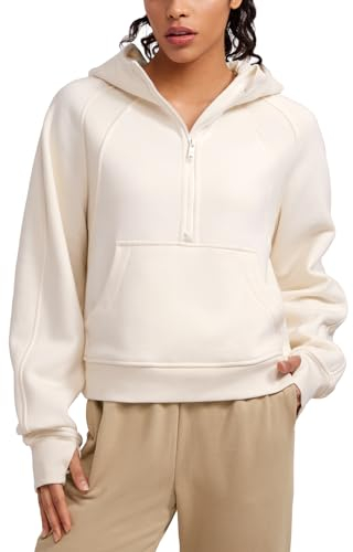 CRZ YOGA Damen Fleece Gefüttert Hoodie 1/2 Reißverschluss Kapuzenpullover Taschen Workout Langarm Hoody Pullover mit Daumenloch Weiße Aprikose 42