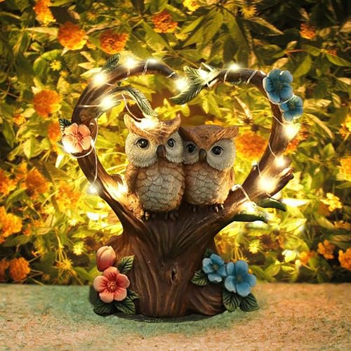 songyea Gartendeko für Draußen Wetterfest, Solar Gartenfiguren Eulen mit LED Leuchten, Gartenstatuen für Balkon/Terrasse/Rasen/Zimmer Deko, Mama/Frauen